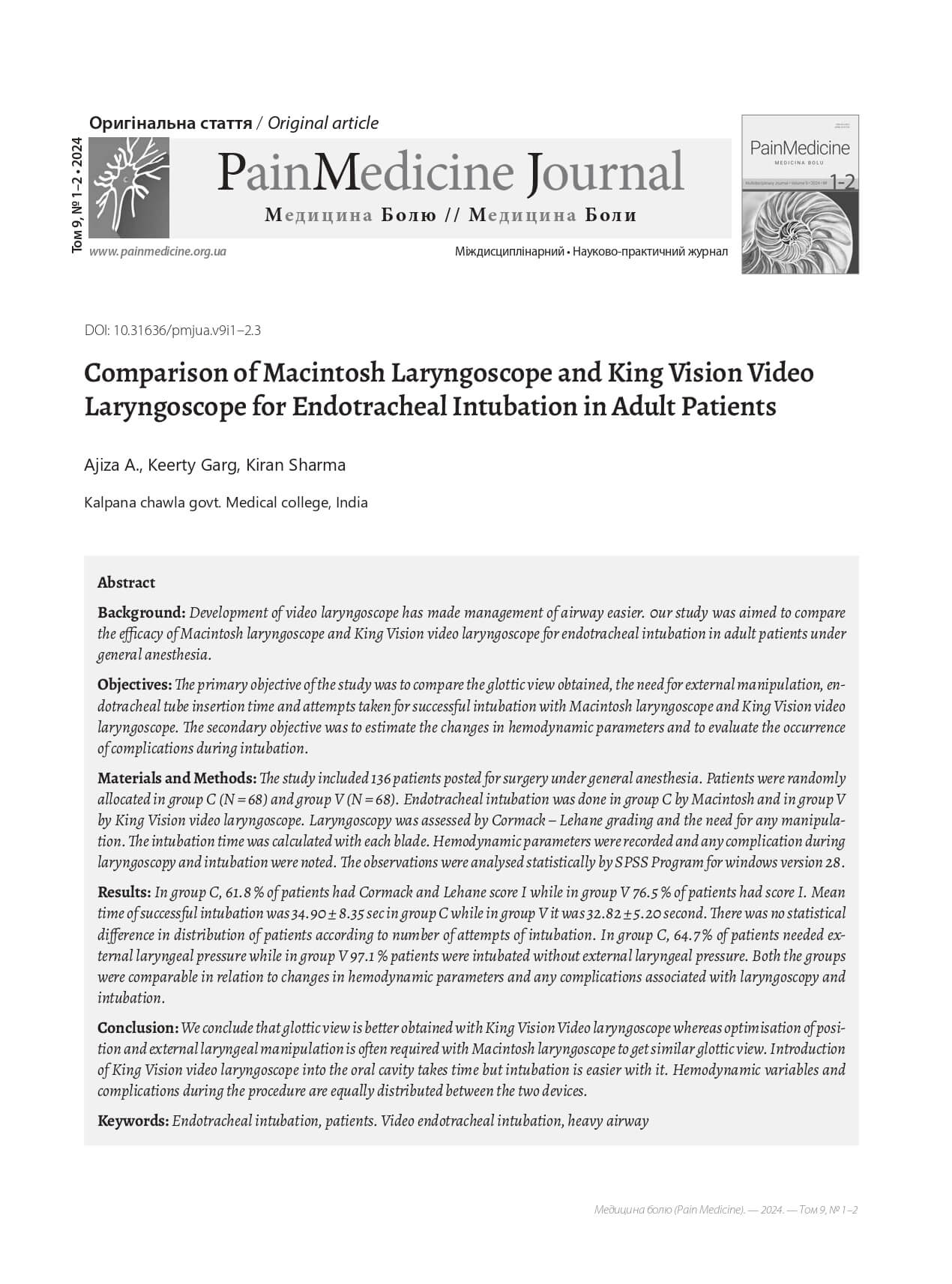 Comparison of Macintosh laryngoscope and King Vision video laryngoscope for endotracheal intubation in adult patients