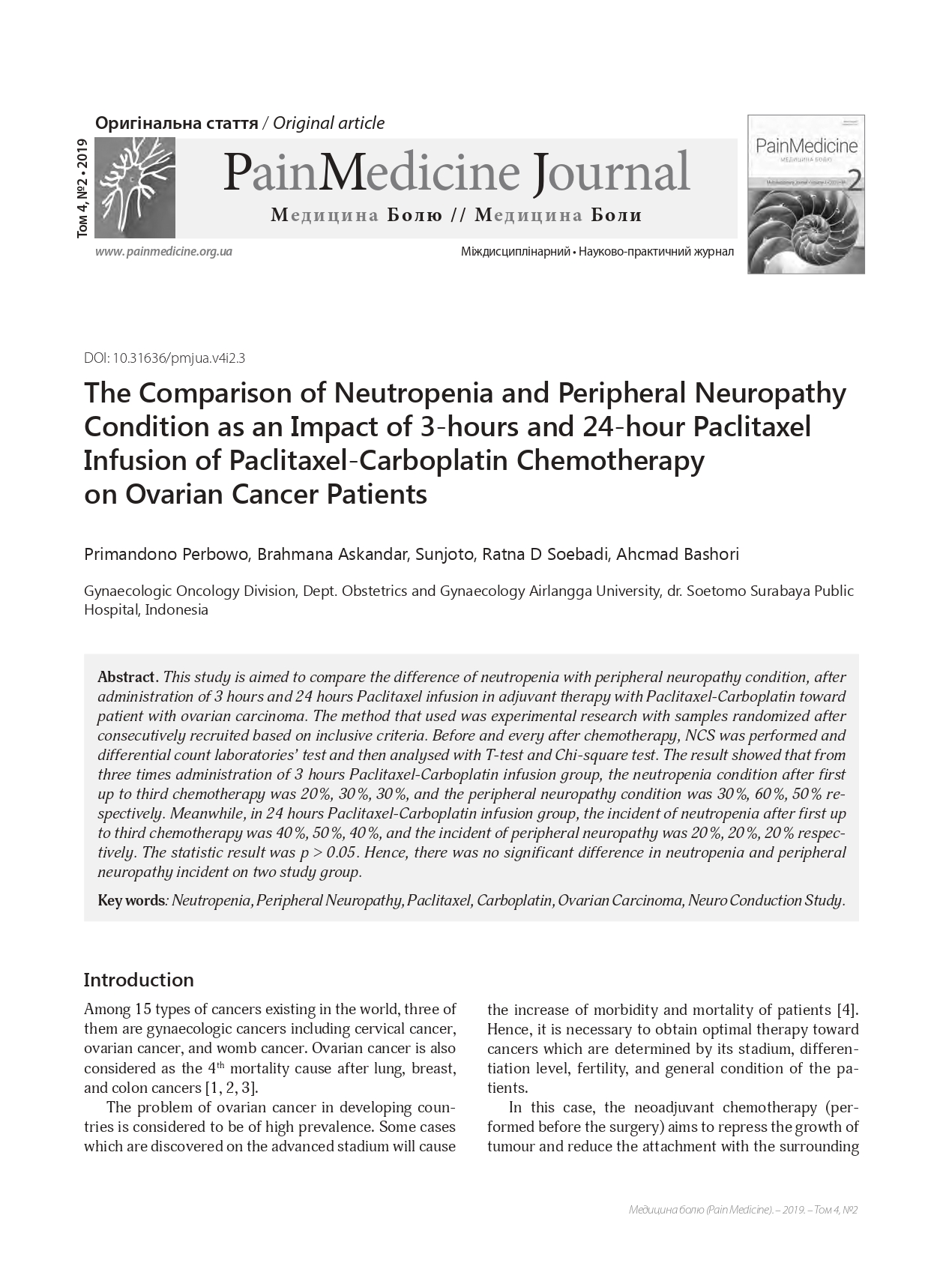The Comparison of Neutropenia and Peripheral Neuropathy Condition as an Impact of 3-hours and 24-hour Paclitaxel Infusion of Paclitaxel-Carboplatin Chemotherapy  on Ovarian Cancer Patients